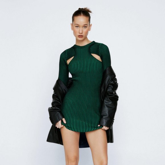 New! City Scouts Petite Plated Knit Cut Out Long Sleeve Mini Dress, Green, Small - Picture 2 of 4